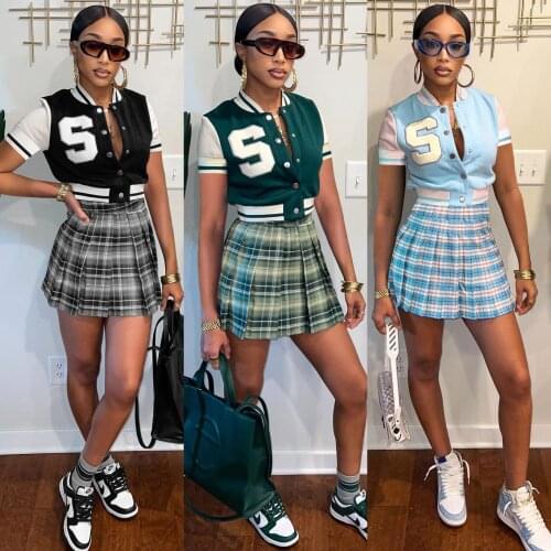 2021 New Arrival Fashion Design 2 pcs Women Set Letters Turn-down Collar Blouse Mini Dress Summer Casual Outfits