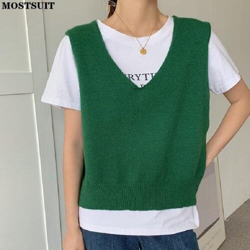 Casual Solid V-neck Sweater Vest Women 2021 Autumn Sleeveless Classic Basic Loose All Match Female Knitted Pullover Vest Femme