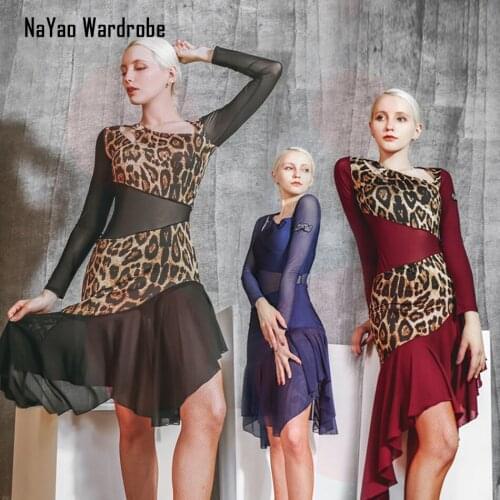 2020 New Long Sleeve Leopard Patchwork Lotus Design Latin Dance Dress Dancing Performance Women Dress Ballroom Samba Tango W626