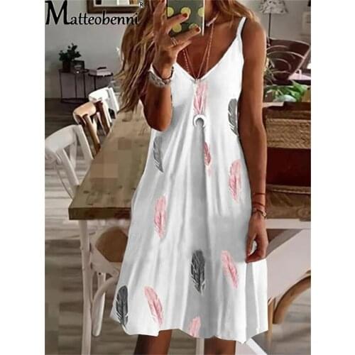 2021 Summer Sexy Deep V Neck Spaghetti Straps Womens Dress Fashion Casual Loose Solid Feather Print Ladies Plus Size Dresses