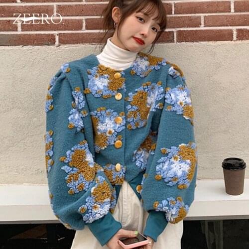 Winter Female Woolen Cloth Short Coat Women Three-dimensional Embroidery O-Neck Long Lantern Sleeve Single-breasted Loose Jacket