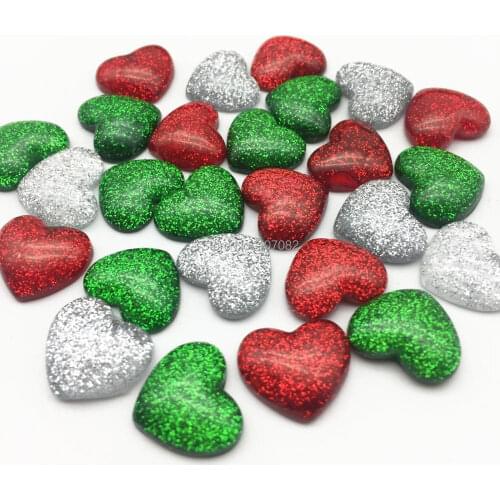 20pcs Silver Red Green Glitter Heart Flatbacks Resin Sparkle Christmas Cabochons DIY Xmas Crafts Scrapbook Embellishments