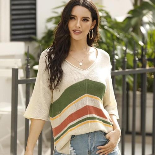 2020 new Women Autumn V Neck Half Sleeve Color Block Knitted Sweater Loose Pullover Top