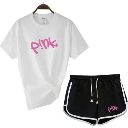 Brand Womens T-shirt + Shorts 2-piece Set Womens 2021 New Casual Suits Womens Sports Suits Brand Womens T-shirt Tops Pink