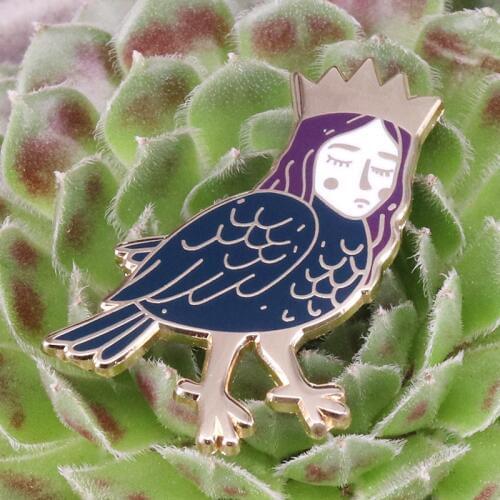 Beast and Tales brooch gold crown half human half bird mythology pin Alkonost Harpy badge women jackets bag fashion accessory