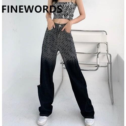 FINEWORDS Korean Letter Printed Gradient Color Black Vintage Jeans High Waist Ripped Jeans For Women Plus Size Distressed Jeans