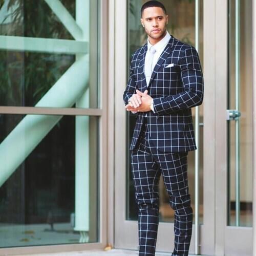Classic Black White Plaid Mens 2 Pieces Suits Plus Size Groom Men Business Pants Suit Tailored Fit Prom Party Wedding Tuxedos