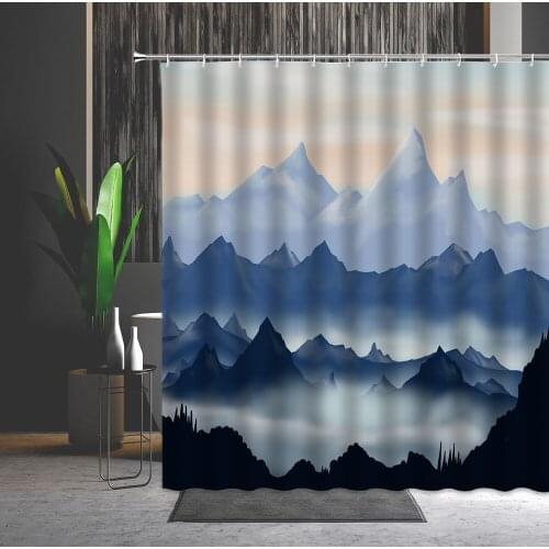 Landscape Shower Curtain Fog Mountain Pattern Bathtub Decorative Accessories Hanging Curtain Multiple Size With Hooks