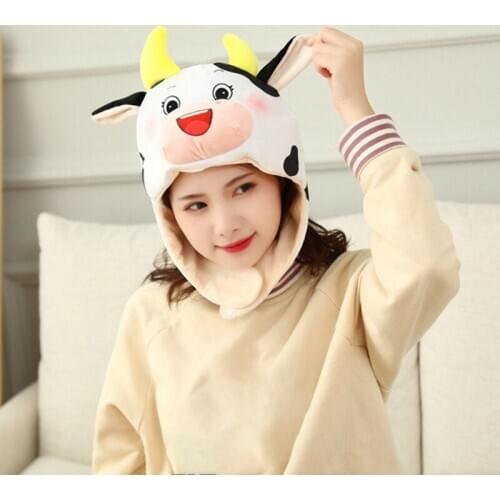 Women Kids Cute Cartoon Milk Cow Plush Hat Funny Animal Stuffed Toys Warm Earflap Cap Cosplay Holiday Party Photo Props