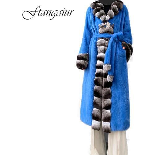 Ftangaiur 2019 Winter Import Velvet Mink Fur Coat Patchwork Chinchilla With Sashes Womens X-Long Natural Real Mink Fur Coats