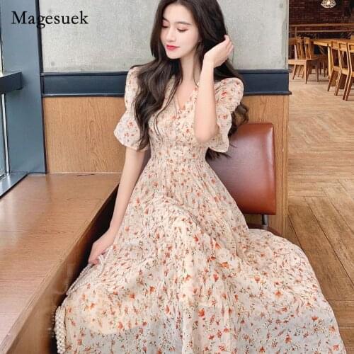 Plus Size Summer Women Dress Vintage Chiffon Floral V-Neck Dress Puff Sleeve Dress for Women Elegant Long Dress Vestidos 13910