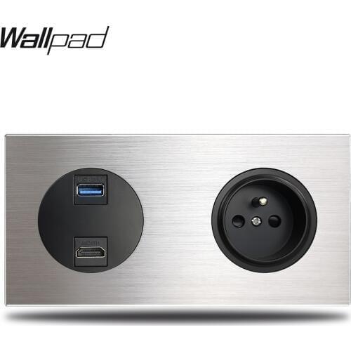 HDMI & USB 3.0 Connection Jack with French Wall Electrical Outlet Power Socket Silver Brushed Aluminum Alloy Panel Dual Plate