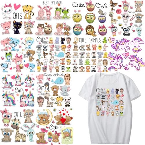 Cartoon Animal Patch Set Iron on Transfer Cute Unicorn Cat Owl Dog Flower Patches for Kids Girl Clothing T-shirt DIY Heat Press