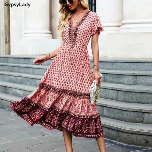 GypsyLady Floral Printed Maxi Dress Pink Vintage Boho Summer Holiday Women Dresses Casual Chic Ladies Beach Female Dress 2021