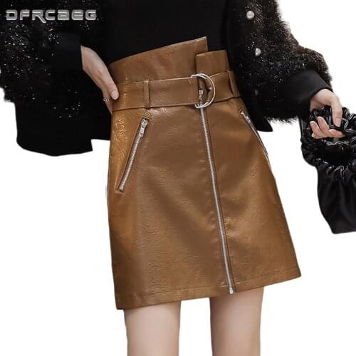 Red Zipper Womens A-Line Leather Skirt With Belt 2020 Winter High Waist Vintage PU Pencil Skirts Female Saias