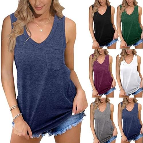 Women Loose Vests Summer V Neck Pocket Double Side Slit Solid Color Tank Tee Tops WDC8316