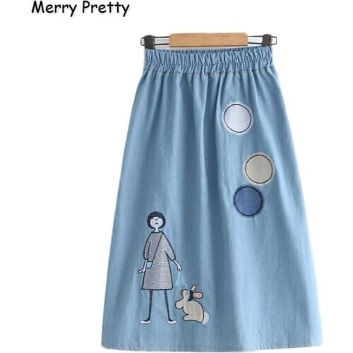 Merry Pretty Denim Womens Cartoon Embroidery Denim Skirts 2019 Autumn Elasticity Waist A-Line Skirts Femme Girl Jeans Skirt