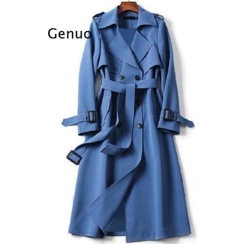 Womens Windbreaker Autumn Long Trench Lace Up Turndown Collar Overcoat Plus Size Long Sleeve Female British Style Jacket Coat