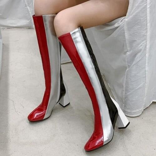 2020 New Arrivals Color Block Big Size 48 Chunky Heel Knee-high Women Boots Round Toe Side Zipper Long Booties For Ladies