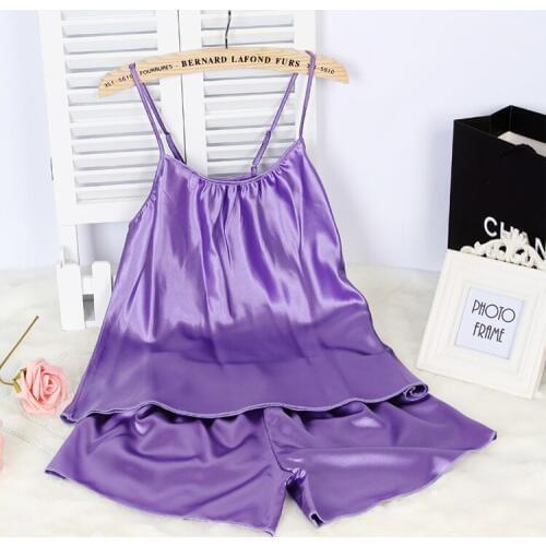 Ladies Sexy Silk Satin Pajama Set Sleeveless Pyjama Femme Round Neck Pijama Set Plus Size Nightwear + Short Pants Indoor Wear