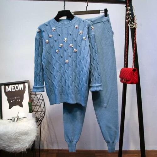 Amolapha Women 3D Flower Beads Knit Sweater Pullovers+Pants Two pieces Sets Knit Wool Blends Trousers Clothing Sets