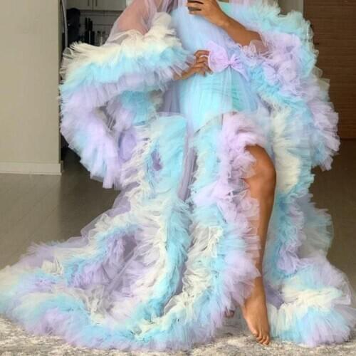 Prom Dresses Robe Puff Full Sleeves Ruffles Tiered See Thru Maternity Photoshoot Vestidos Tulle Robe Evening Dress Real Images