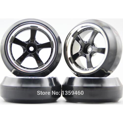 4pcs RC 1/10 Hard Drift Tire Tyre Wheel Rim W5S2CK 4mm offset (Chrome+Painting Black) Fits For 1:10 Drift Car