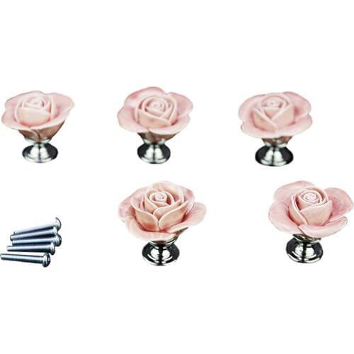 5 x Pink Door Furniture Ceramic Handle Antique Button Screws Included Elegant Design Rose shaped