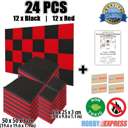 Arrowzoom 24 pcs Red & Black Acoustic Panel Sound Absorbing Convoluted Egg Crate 9.8*9.8*1.1" / 19.6*19.6*1.1" Studio Foam