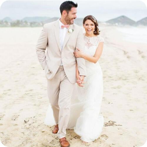 Beige Linen Summer Beach Mens Classic Suits 2019 Groom Wedding Tuxedos Wear 2Piece(Jacket+Pants) Costume Homme Terno Masculino