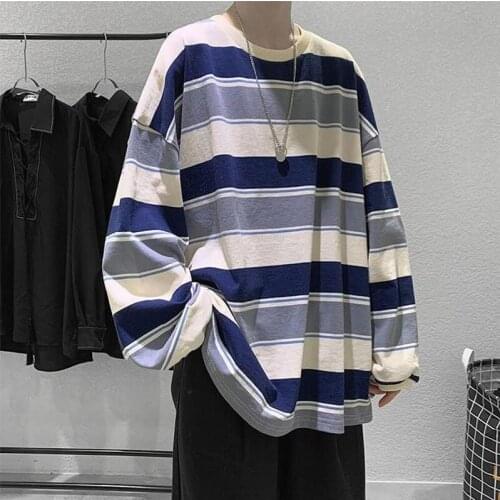 Oversized Mens T Shirt Spring and Autumn Long Sleeve O Neck Korean Fashion Harajuku Striped Streetwear Cotton Couple Clothing