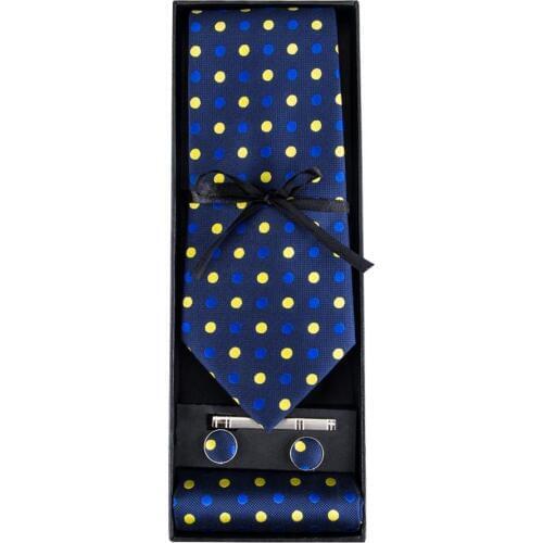 GB-1446 Barry.Wang Navy Dot Necktie Set & Gift Box Jacquard Woven Silk Hanky Cufflink Ties For Men Business Wedding Party Groom