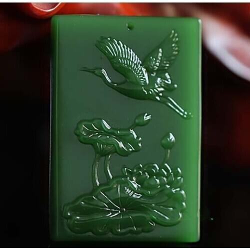 Hetian jade spinach green way connectec Fang and Hetian jade of Kunlun jade lotus crane