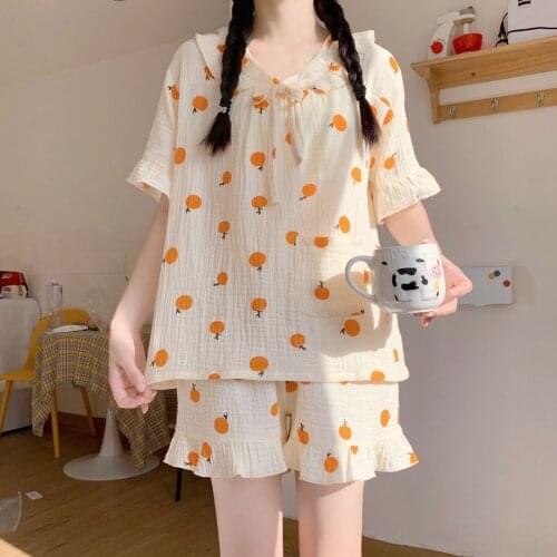Cotton Fruit Print Short Sleeve Baby Collar Pullover Housewear Summer New Sweet Ruffle Tie Pajamas Womens Nightwear Sleepwear