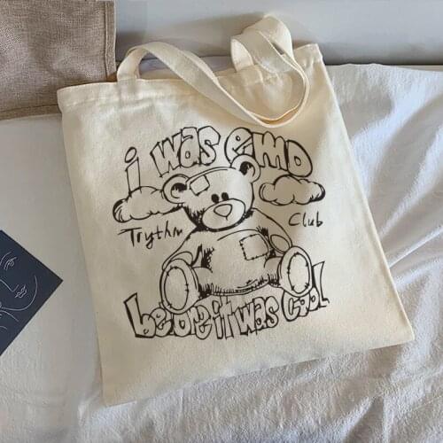Kawaii bear letter print canvas bag large capacity Vintage casual women shoulder bag punk women bag hip-hop Harajuka shopper bag