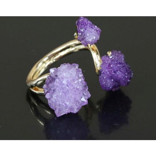 Natural Druzy Stone Rings,Colorful Geode Drusy Quartz Rings,24K Crystal Nature Finger Rings for Womens Gift