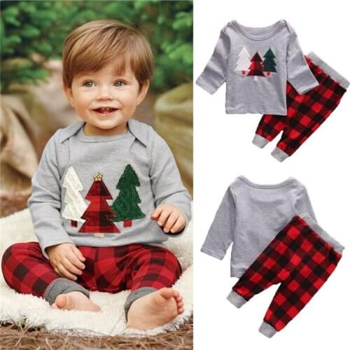Children Xmas clothing Set Toddler Baby Girls Boys Trees Cotton T-Shirt Tops Plaid Pants Outfits Set Baby Winter Clothes