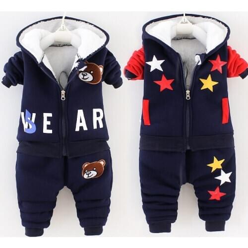 New Winter Children Boys Girls Clothing velvet Sets Baby Cartoon star coats Hooded Jacket Pants 2Pcs/sets Infant Add Cotton sets