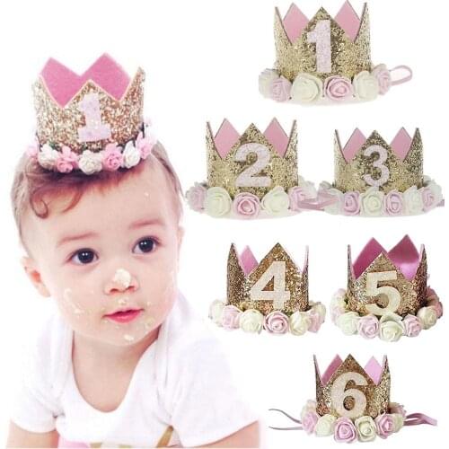 HOT SALES!!! Baby Birthday Number Headband Decor Rose Flower Party Crown Sparkly Cake Hat Wholesale Dropshipping New Arrrival