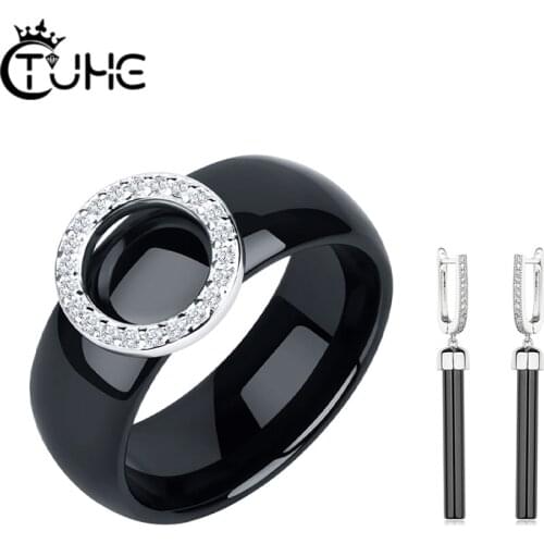 Fashion Womens Jewelry Set 8mm Round Circle Ceramic Rings Bling Crstal With Long Drop Ceramic Earring Classic Black White Color