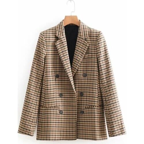 Fashion British style double breasted plaid blazer Long sleeve slim Office Lady blazer 2018 Autumn Vintage jacket women blazers
