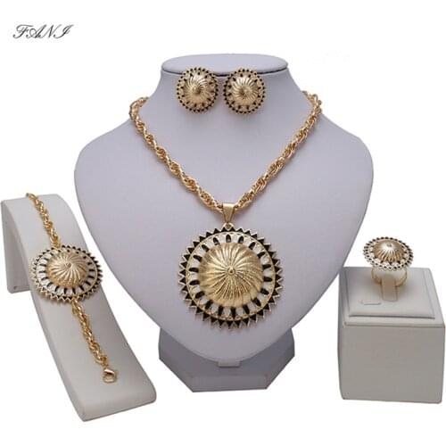Fashion Dubai Gold-color Jewelry Set Nigerian Wedding African Beads Earrings Necklace Set Gold C for lady party