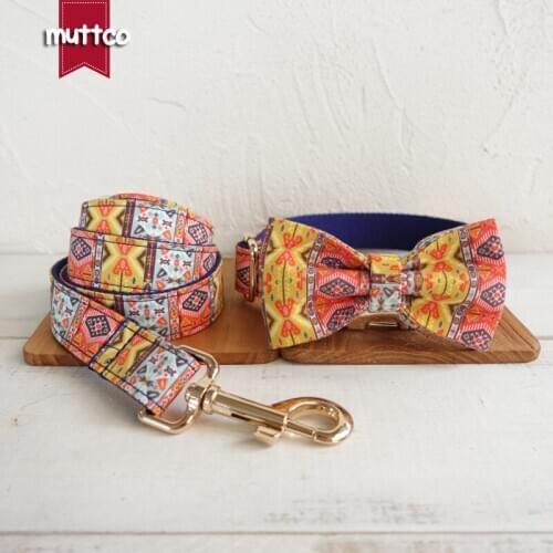 MUTTCO retailing handmade time-proof collar THE BLUE BOHEMIAN ethnic style dog collars and leashes with bow tie 5 sizes UDC054J