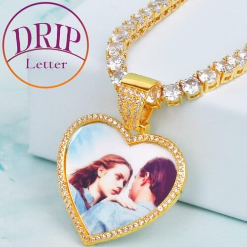 Heart Custom Made Photo Solid Back Pendant Medallions Necklace Mens Hip Hop Gold Color AAA Zircon Jewelry