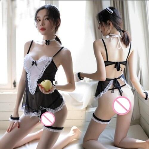 Sexy Costumes Women Cosplay Apron Maid Uniform Low Chest Sheer Backless Maid Dress Sexy Role Play Mesh Chiffon Erotic Lingerie