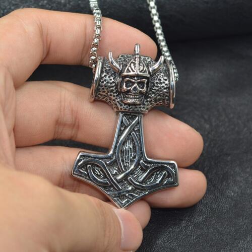 Norse Raven Viking Skull silver color pendant Necklace Crow Runes Thor Hammer Mjolnir Talisman Vintage Eagle Men Chain omen