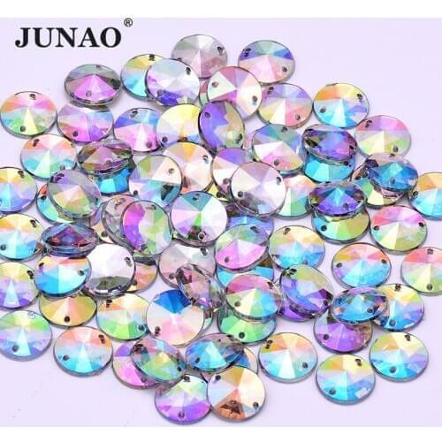JUNAO 500pcs 10mm Sew On Clear AB Rivoli Rhinestone Flat Back Acrylic Strass Crystal Applique Sewing Stone for Clothes