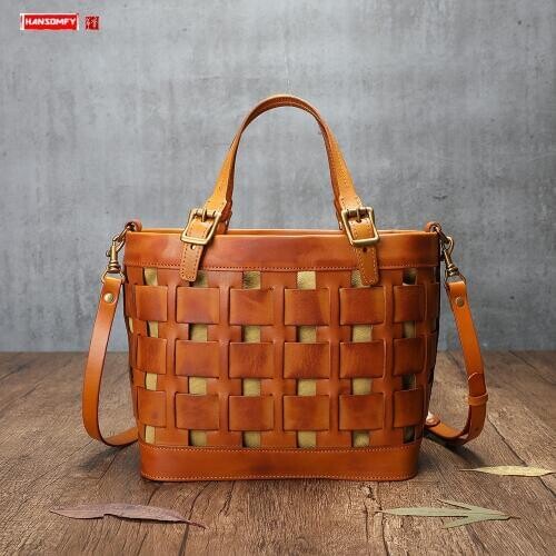 Retro Luxury Cowhide Leather Handbag Women Basket Bag Art Vintage Leather Female Hand-woven Shoulder Portable Diagonal Bags Soft