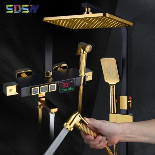 Thermostatic Shower Set , Black Gold Digital Bathroom Shower Faucets Set with 10 Inch Rainfall Shower Head, Digital Shower Set