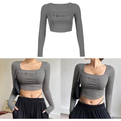Womens Street Short Letter Embroidered Square Neck Long Sleeve T-Shirt Women Slim Base Casual Tops Gray